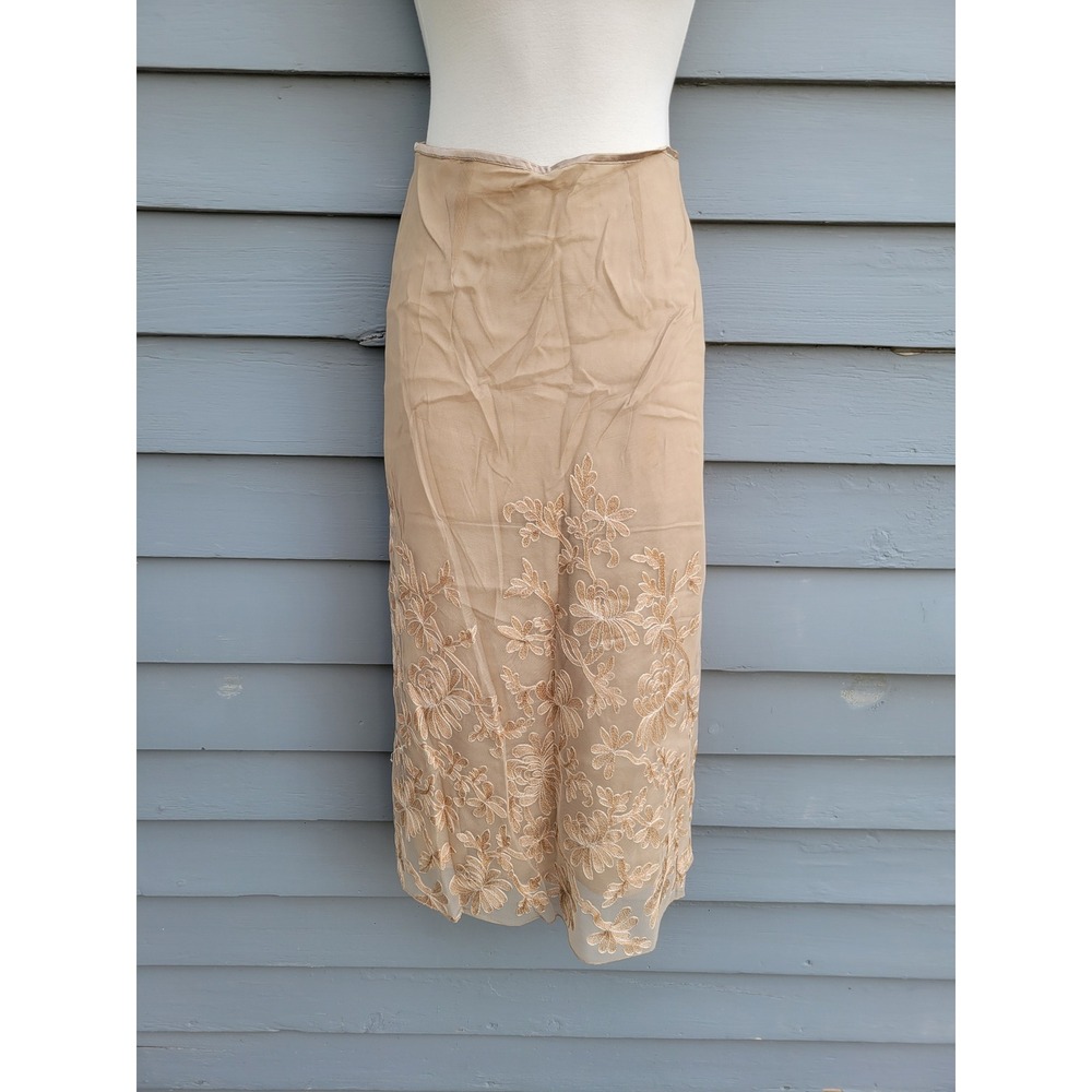 Odille‎ Anthropologie Midi Skirt Tan Floral Embroidered Mesh Size 6